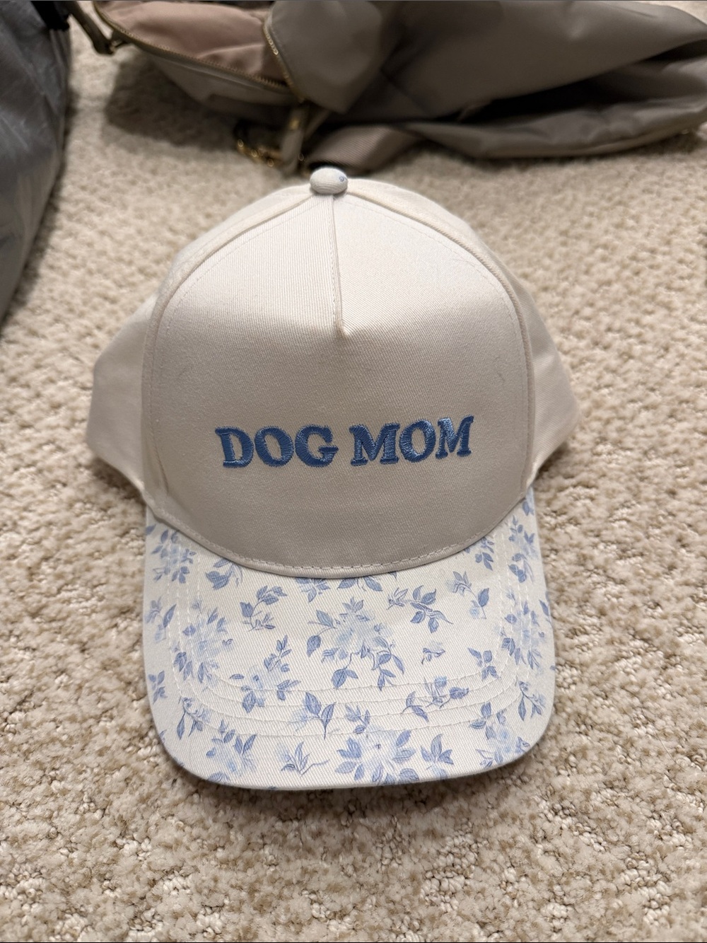 Dog Mom Embroidered Baseball Cap - Cream with Blue Floral Bill